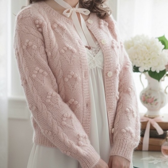 Liz Claiborne Sweaters - LIZ CLAIBORNE Vintage Mohair Hand Knit Popcorn Cable Cardigan Sweater M